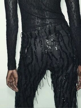 Zara Black Sequins Fringing flare Pants size S